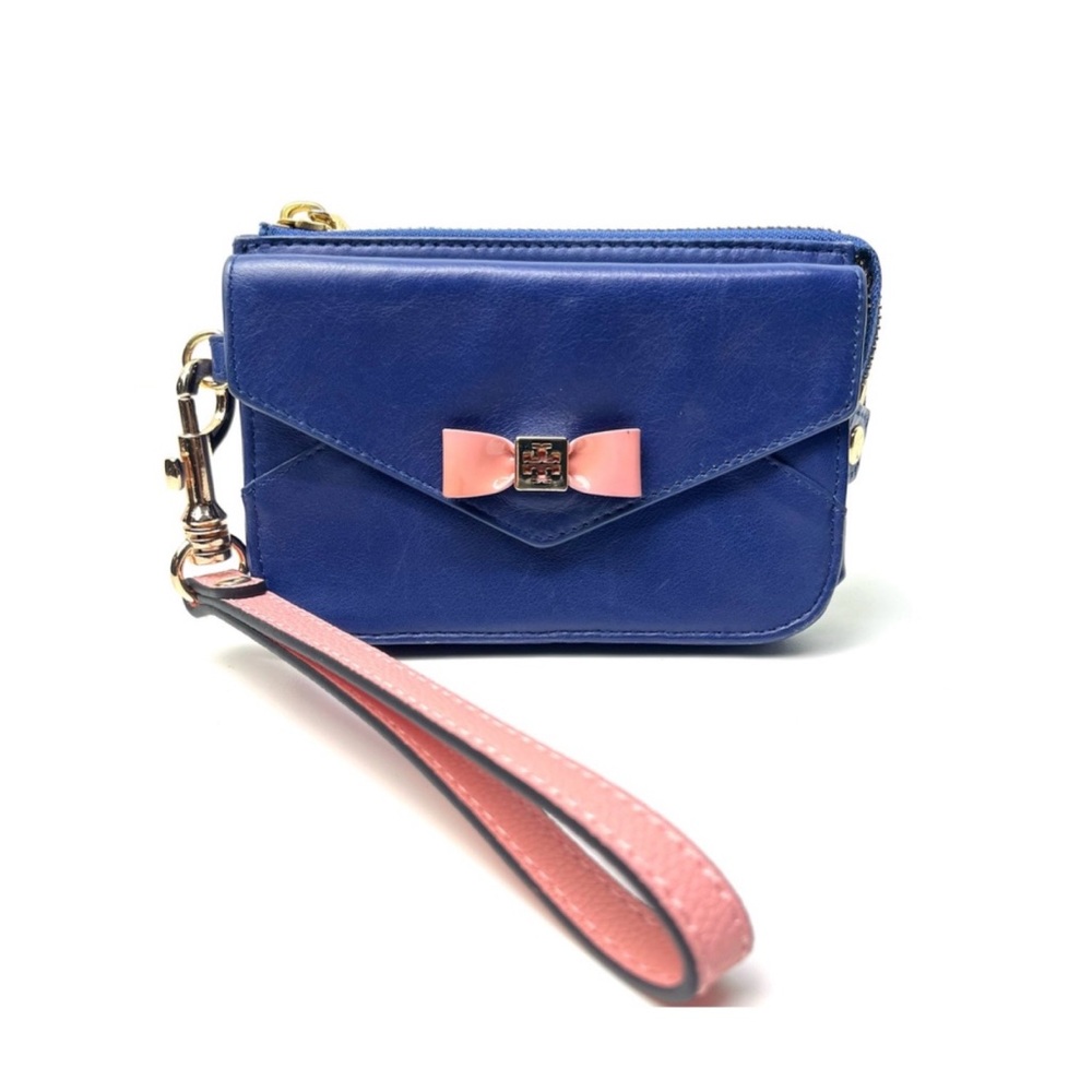 Tory Burch Navy Blue Pink Smooth Leather Wristlet/Wallet